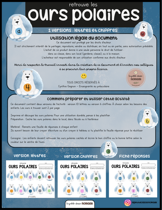 Retrouve les ours polaire - Versions lettres et chiffres