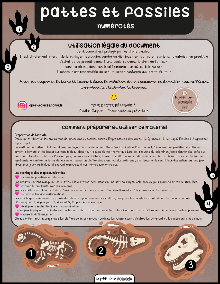 Pattes et fossiles numérotés