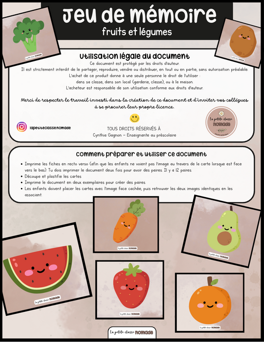 Jeu de mémoire - Fruits et légumes