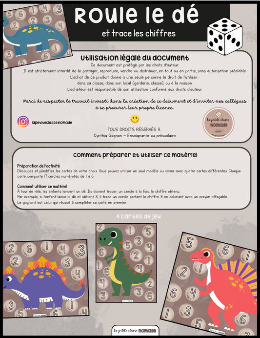 Roule le dé et trace les chiffres - dinosaures