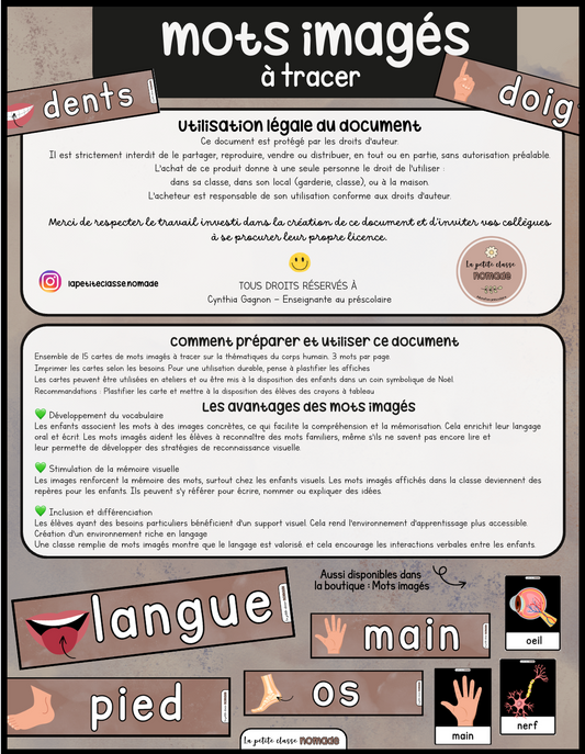 Mots imagés à tracer - Corps humain