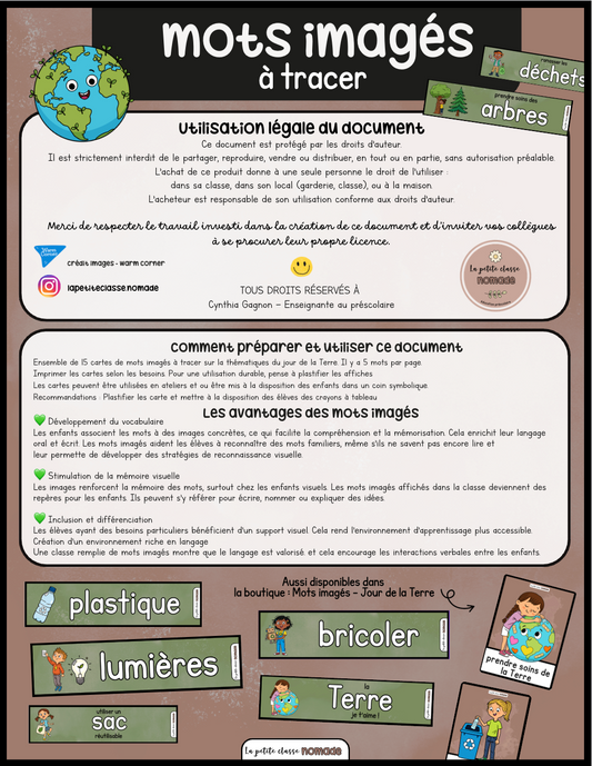 Mots imagés à tracer - Jour de la Terre