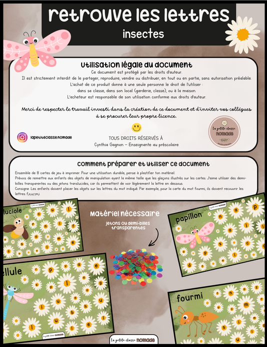 Retrouve les lettres - Insectes