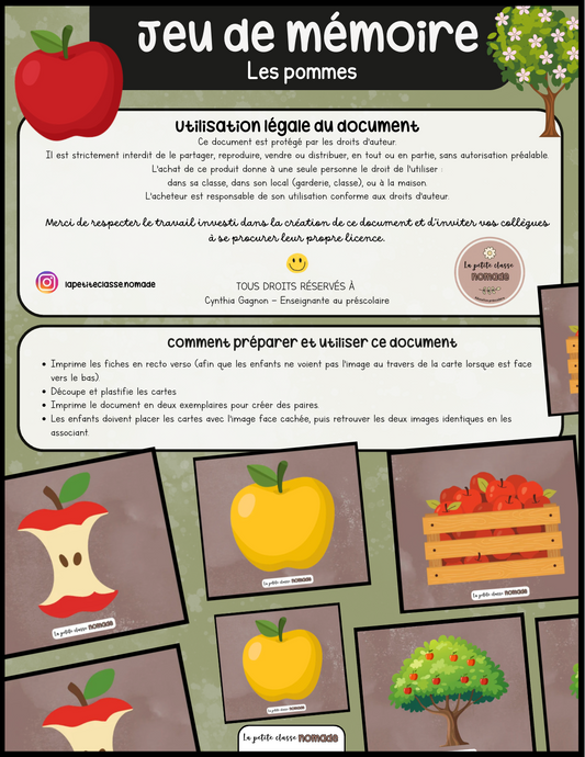 Jeu de mémoire - Les pommes