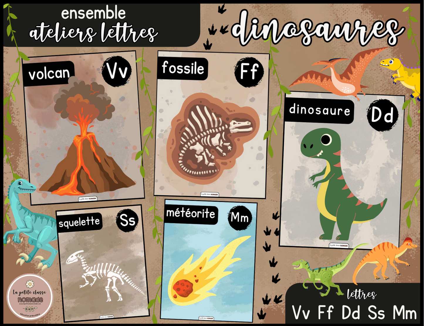 Ensemble - Ateliers de lettres thématique Dinosaures - Dd, Ff, Mm, Ss, Vv