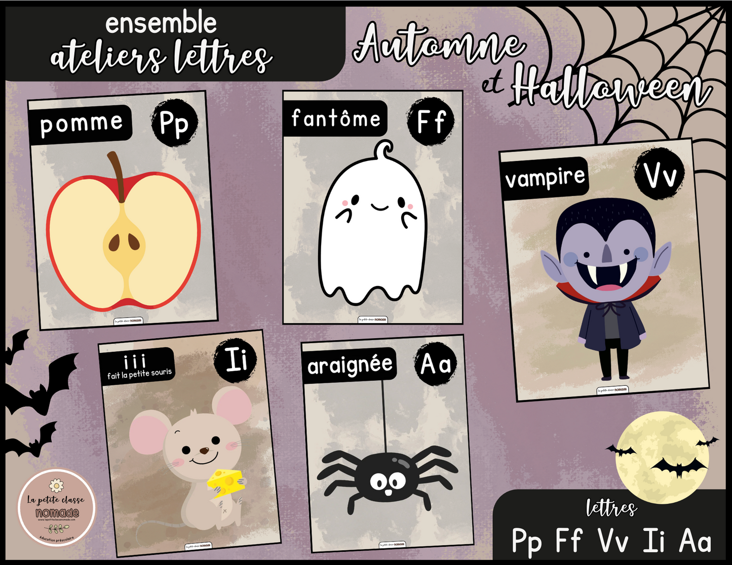 Ensemble - Ateliers de lettres thématique Automne-Halloween - Pp, Aa, Ff, Vv, Ii