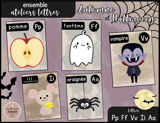 Ensemble - Ateliers de lettres thématique Automne-Halloween - Pp, Aa, Ff, Vv, Ii