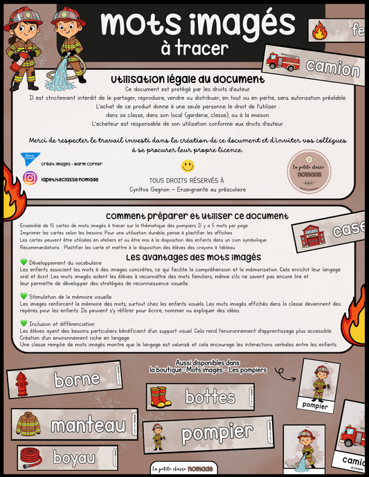 Mots imagés à tracer - Pompiers